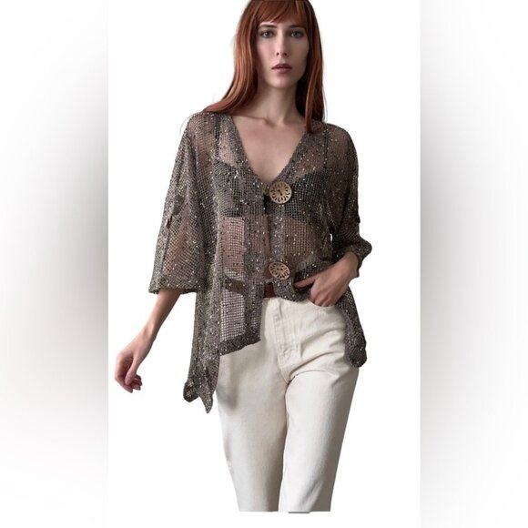 Lulu-B Sweaters - Lulu-B Vintage Open Knit Cardigan Boho Beach Kimono Layering Top Brown Medium